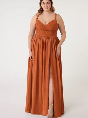 Azazie Chanel A-Line Pleated Chiffon Maxi Dress in Color Mai Tai Size A18